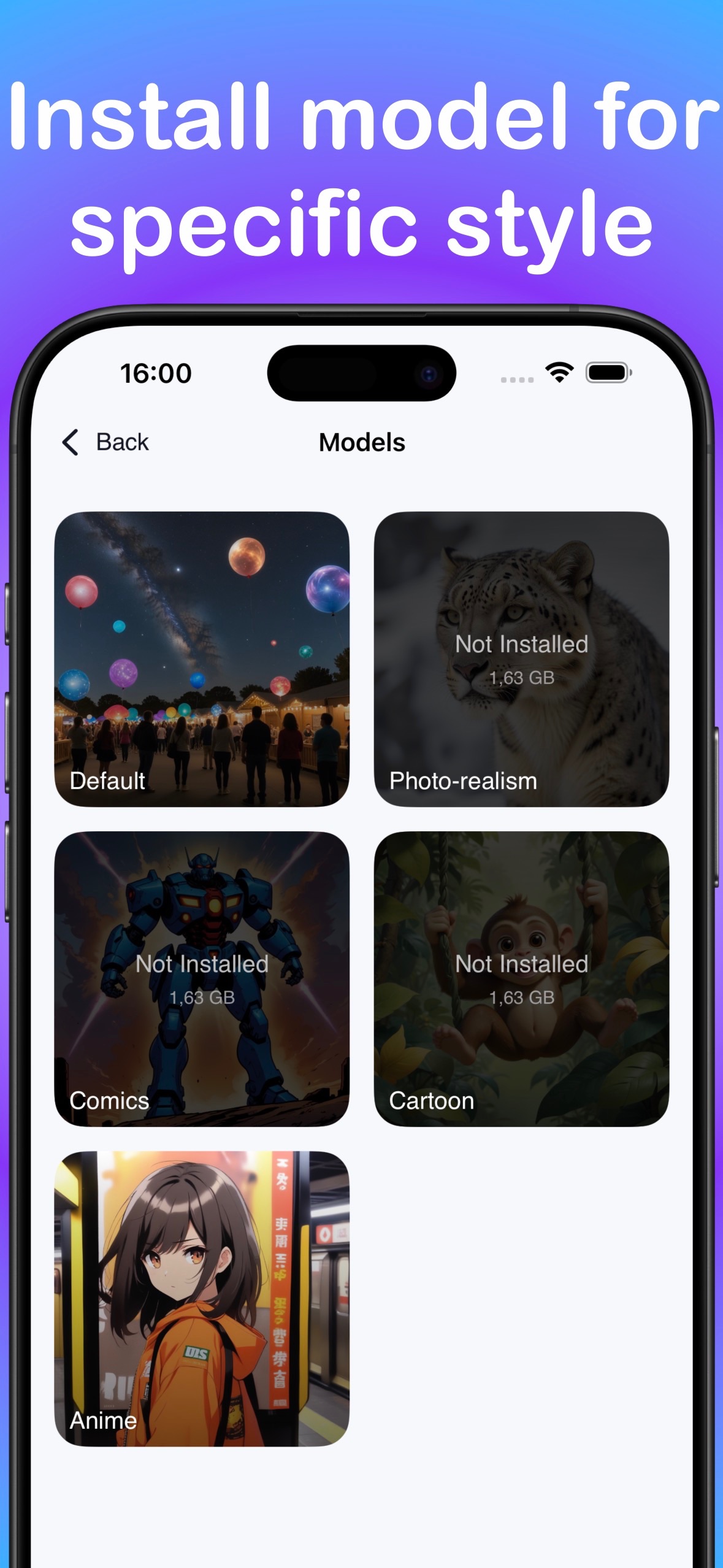 LocalGen iPhone model library with Photo-realism, Comics, Cartoon and Anime choices