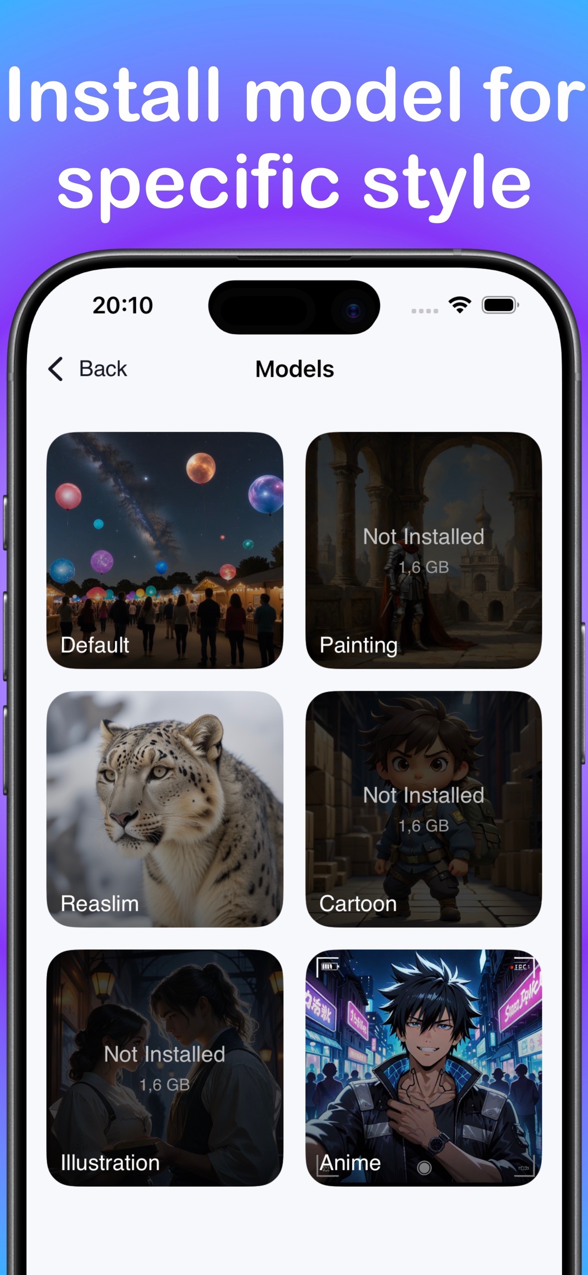 LocalGen Painting, Realism, Cartoon, Illustration and Anime models on iPhone